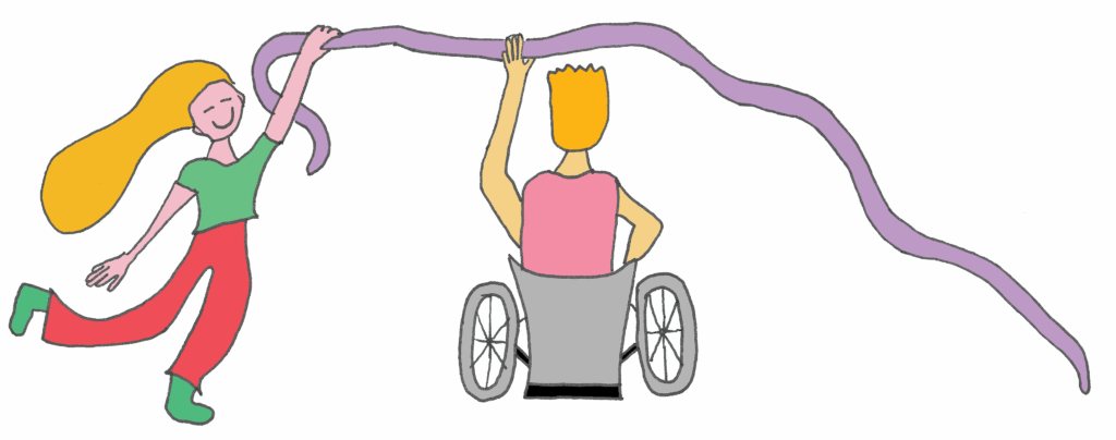 dessin, deux personnages dansent. une a une canne et des lunettes de soleil, l'autre un chapeau